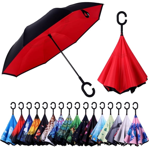 CHE-Inverted Umbrella, Windproof Reverse Umbrellas for Rain with Reversible Inside-Out Design Large Upside Down Umbrella for Women & Men with C-shaped Handle (Red)