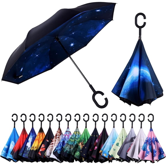CHE-Inverted Umbrella, Windproof Reverse Umbrellas for Rain with Reversible Inside-Out Design Large Upside Down Umbrella for Women & Men with C-shaped Handle (Universe)