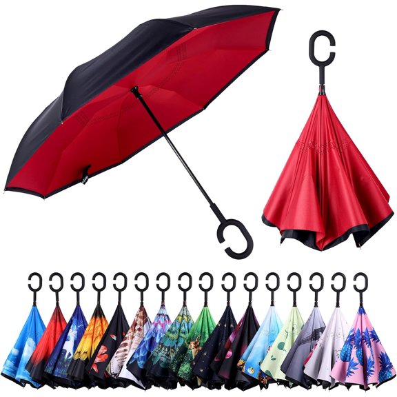CHE-Inverted Umbrella, Windproof Reverse Umbrellas for Rain with Reversible Inside-Out Design Large Upside Down Umbrella for Women & Men with C-shaped Handle (Wine Red)