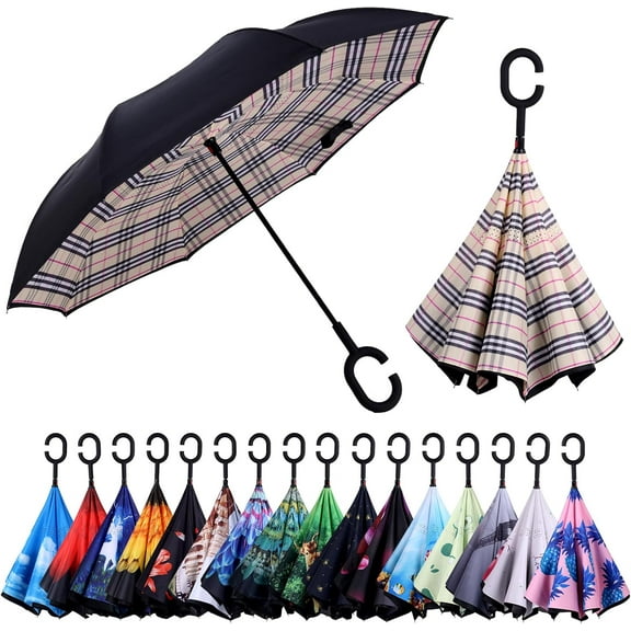 CHE-Inverted Umbrella, Windproof Reverse Umbrellas for Rain with Reversible Inside-Out Design Large Upside Down Umbrella for Women & Men with C-shaped Handle (Yellow Plaid)