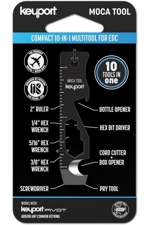 CHE-MOCA 10-in-1 Keychain Multitool (Black) | EDC Multi Tool: Pry Bar, Bottle Opener, Screwdriver, Box Opener, Cord Cutter & More | TSA Key Tool | EDC Gear | Key Organizer, Key Chain Compatible