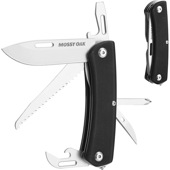 CHE-MOSSY OAK Multitool Pocket Knife, 10-in-1 Folding Pocket Knife Multitool with Stainless Steel Blade, Saw, Can Opener, Screwdrivers  EDC Tool for Camping, Hiking, Survival, Father Day Gifts