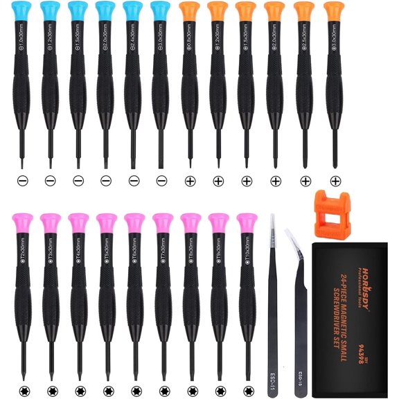 CHE-Mini Screwdriver Set, Set of 24 Pieces Magnetic Small Phillips/Slotted/Torx Star Screwdrivers, Precision Screwdriver Set for Repairing Eyeglass Phone Watch, Orange, Blue, Pink