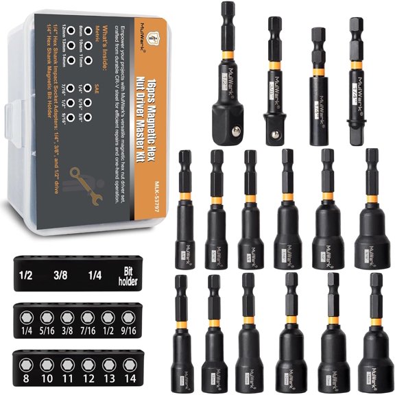 CHE-MulWark Magnetic Nut Driver Set 16 pcs Impact Driver Bit Set - Deep 1/4 Hex Shank Drill Bit Set - Impact Socket Adapters - Bit Extension Quick Change Torx Bit Set
