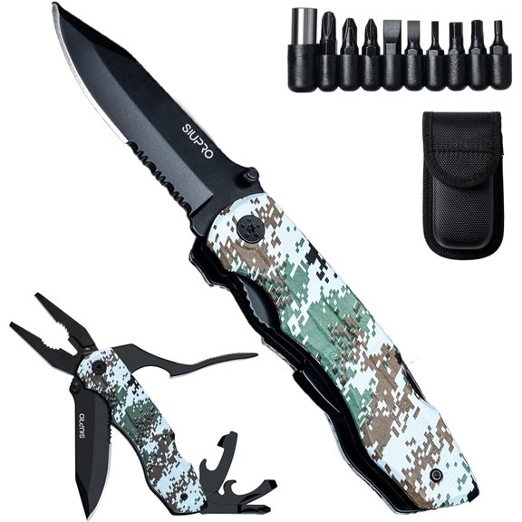 CHE-Multitool Pocket Knife Set for Men, Fathers Day Dad Gifts from Daughter, Multipurpose 9-in-1 screwdriver kit, Multi Tool Pliers for Camping, Survival, Camo