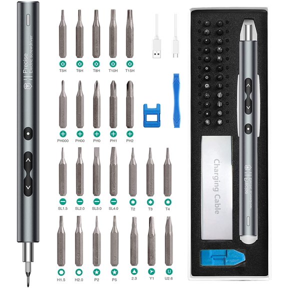 CHE-Precision Electric Screwdriver, 28 in 1 Portable Power Screwdriver with 24 Bits, Rechargeable Repair Tool Kits with USB Charging, 3 LED Light, Magnetizer for Phones, Camera, Laptop