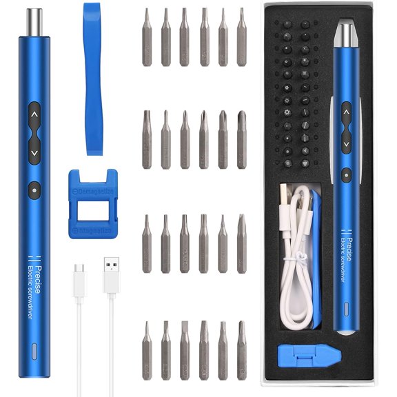 CHE-Precision Electric Screwdriver, Rechargeable Repair Tool Kits with USB Charging, 28 in 1 Portable Power Screwdriver with 24 Bits, 3 LED Light for Phones, Camera, Laptop - Blue
