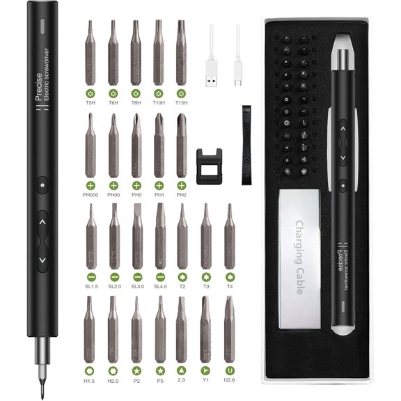 CHE-Precision Electric Screwdriver, Rechargeable Repair Tool Kits with USB Charging, 28 in 1 Portable Power Screwdriver with 24 Bits, 3 LED Light for Phones, Camera, Laptop - Black