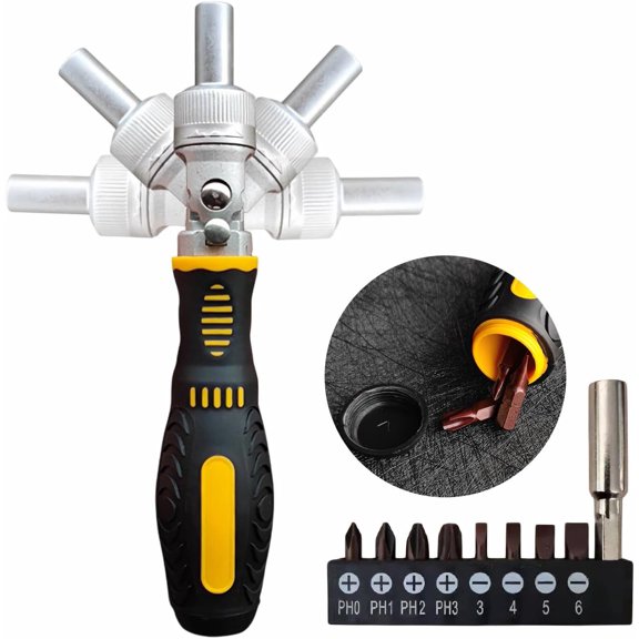 CHE-Ratcheting Screwdriver, 10-in-1 Multi-bit Magnetic Ratchet Screwdriver Set,180 Degree Pivoting Head Bit Driver Handle with 8 Pcs S2 Bits and 1 Drill Extension Bit Holder