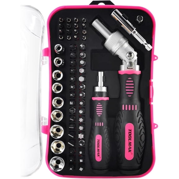 CHE-Ratcheting Screwdriver Set 61pcs Socket Set & Screwdriver Bit Set with Rotatable Ratchet Handles  Storage Case, Household Repair Tool Kits for Bike-Pink