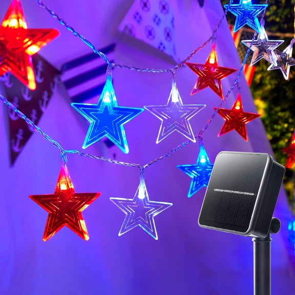 CHE-Red White Blue Star String Lights Solar Powered - 50 ft 100 LED 4th of July Patriotic Star Fairy Lights with 8 Modes for Independence Day Garden Golf Cart Party RV Camper Memorial Day Dcor