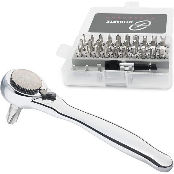 CHE-Right Angle Screwdriver 32-Piece 1/4 Inch Mini Ratchet Set Low Profile Offset Bit Set with 72-Tooth Ratcheting Wrench Stubby Ratchet 90 Degree Screwdriver for Small Spaces