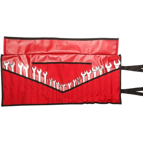CHE-Roll-Up Tool Organizer 26 Pocket Wrench Pouch for SAE & Metric Tools Durable Waterproof Canvas - Portable Tool Wrap for Mechanics, Technicians & DIY - Red (Tools Not Included)