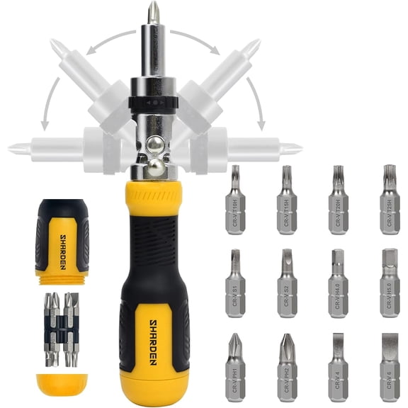 CHE-SHARDEN Ratcheting Multi Bit Screwdriver - 13-in-1 Tool Set, Flat Head/Square/Torx/Hex/Phillips, 180 Degree Pivoting Adjustable Angle Magnetic Screwdriver
