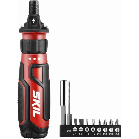 CHE-SKIL Rechargeable 4V Cordless Screwdriver with Circuit Sensor Technology, Includes 9pcs Bit, 1pc Bit Holder, USB Charging Cable - SD561201, Red