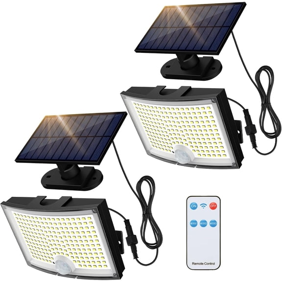 CHE-Solar Outdoor Lights, 3500LM LED Flood Lights with 16.4 Ft Cable, Remote Control Solar Motion Sensor Lights with 3 Modes, Solar Powered Security Lights for Outside Patio, Yard, Garage, 2 Pack