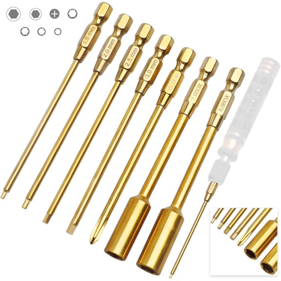 CHE-Titanium RC Hex Driver Bit Set 1.5/2.0/2.5/3.0mm Allen Wrench Keys, M4 Lock Nuts Driver, Phillips,1/4" Drive Compatible with Electric Drills Impact Drill (7-Pack)