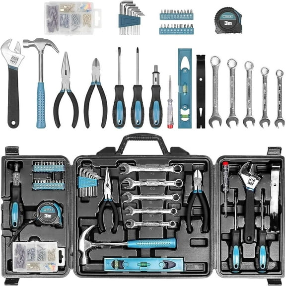 CHE-Tool Kit for Home, 144 Piece Hand Tool Set with Storage Box, General Basic Repair Tool Set with Hammer, Pliers, Wrenches, Voltage Tester, Measure Tape, Screwdriver Bits