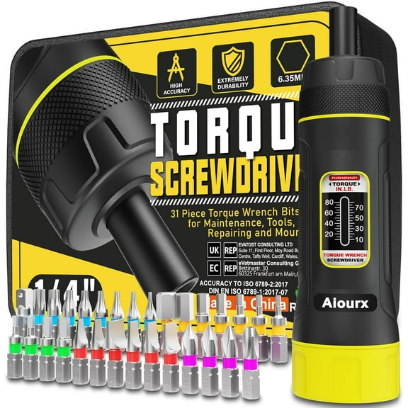 CHE-Torque Screwdriver Set, 10-80 Inch Pounds lbs, 31 Piece 1/4" Drive Torque Screwdriver Wrench with S2 Steel Bits for Maintenance, Tools, Bike Repairing and Mounting