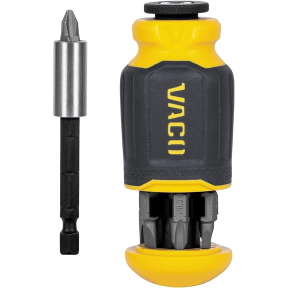 CHE-VACO VAC1080 Multi-Bit Stubby Screwdriver, Impact Driver, 8-in-1 Adjustable Magnetic Tool with Phillips, Slotted, and Square Bits