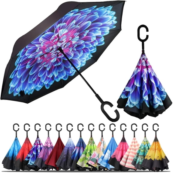 CHE-Windproof Inverted Umbrella, Large Reverse Umbrellas for Rain with C-shaped Handle Big Upside Down Inside Out Umbrella for Women & Men