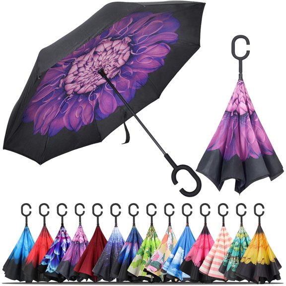 CHE-Windproof Inverted Umbrella, Large Reverse Umbrellas for Rain with C-shaped Handle Big Upside Down Inside Out Umbrella for Women & Men