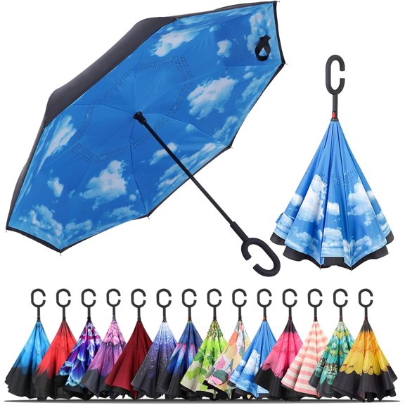 CHE-Windproof Inverted Umbrella, Large Reverse Umbrellas for Rain with C-shaped Handle Big Upside Down Inside Out Umbrella for Women & Men