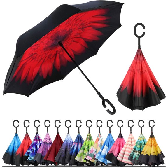 CHE-Windproof Inverted Umbrella, Large Reverse Umbrellas for Rain with C-shaped Handle Big Upside Down Inside Out Umbrella for Women & Men