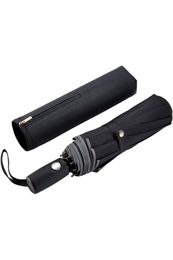 CHE-Windproof Travel Umbrella with Teflon Coating Auto Open Close Lightweight Sun&Rain Umbrella with 10 Rib Construction and Reflective Stripe Zipper Pouch
