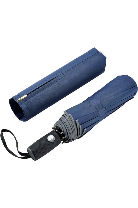 CHE-Windproof Travel Umbrella with Teflon Coating Auto Open Close Lightweight Sun&Rain Umbrella with 10 Rib Construction and Reflective Stripe Zipper Pouch
