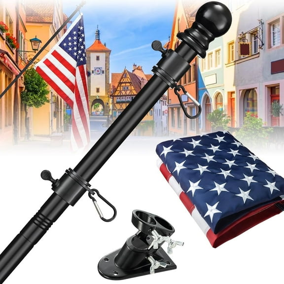 CHEASYOU Black Flag Pole with 3×5 Embroidered American Flag and Bracket, Heavy Duty Flagpole for Outdoor, Outside, Porch, 5ft