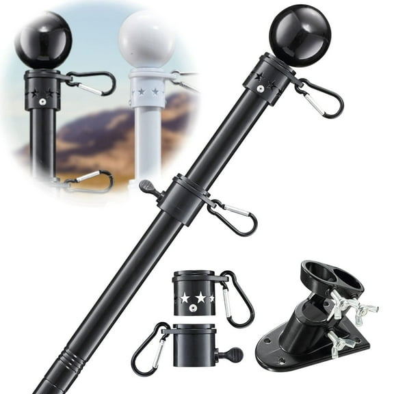 CHEASYOU Black Flag Pole with Bracket 5ft, Heavy Duty Metal Tangle Free Flagpole for Outdoor, Outside, Porch