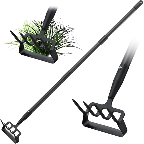 CHEASYOU Stirrup Hoe and Cultivator with 62 Inch Adjustable Long Handle, Heavy Duty 2-in-1 Scuffle Garden Hula Hoe Rake for Weeding, Digging and Cultivating