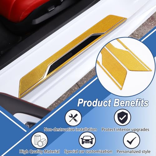 CHEAYAR Car Inner Door Sill Cover Scuff Plate Trim Sticker Compatible with Corvette C8 Stingray 2020-2023, Door Sill Guard Trim Sticker, Soft Carbon Fiber Interior Accessories (Yel