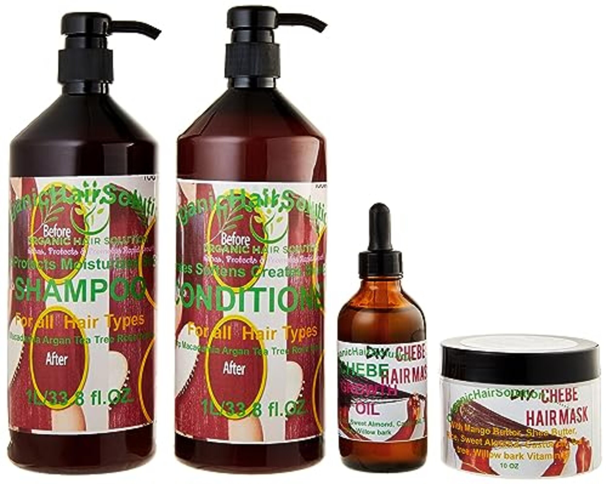 CHEBE Hair Growth Set - Shampoo- Conditioner-Oil & Hair Mask Leave in Cream- Castor Oil- Mango Butter-Tea Tree-Willow Bark-Rice milk-For Stronger, Thicker Longer Hair-Healthier (Pack 4)