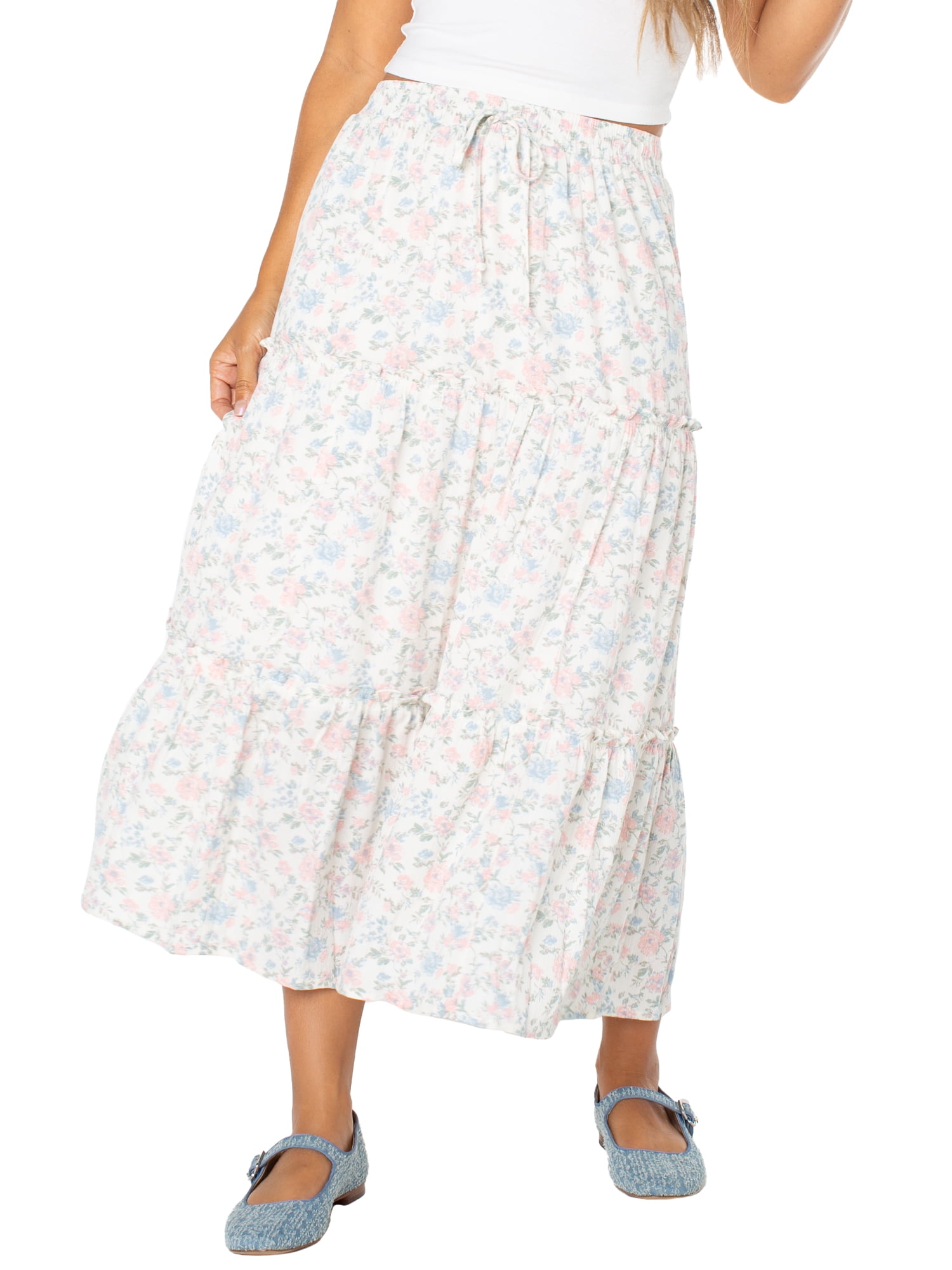 Celebrity Pink Women's and Women's Plus Floral Print Tiered Maxi Skirt, Sizes XS-4X