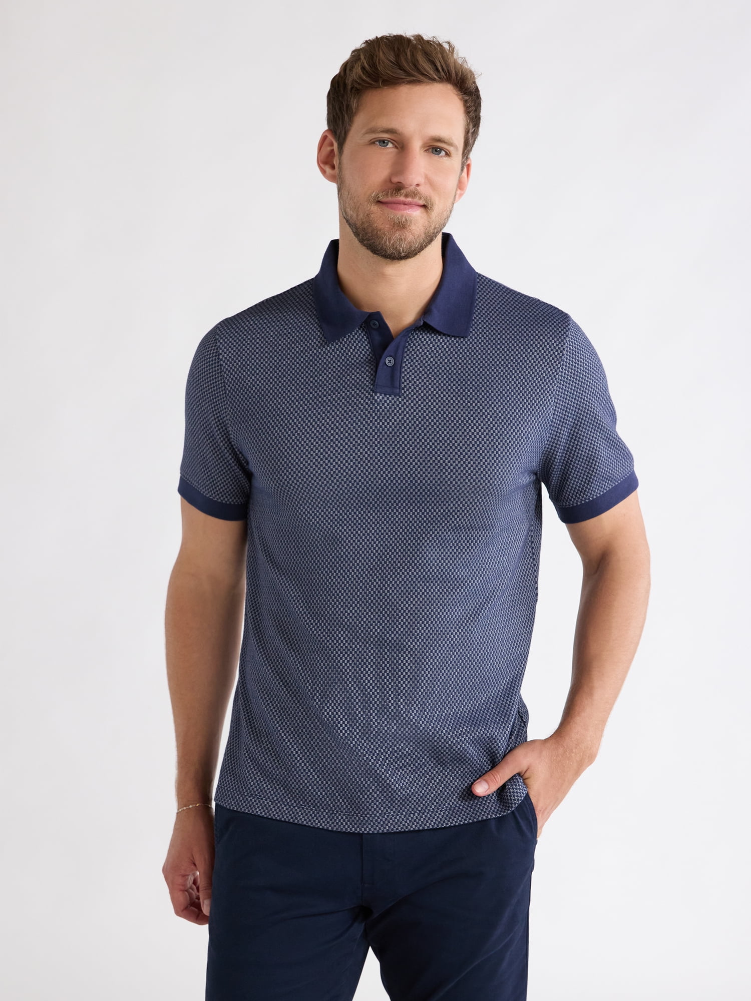 Free Assembly Men's Jacquard Checkered Knit Polo Shirt Free Assembly Men's Jacquard Checkered Knit Polo Shirt