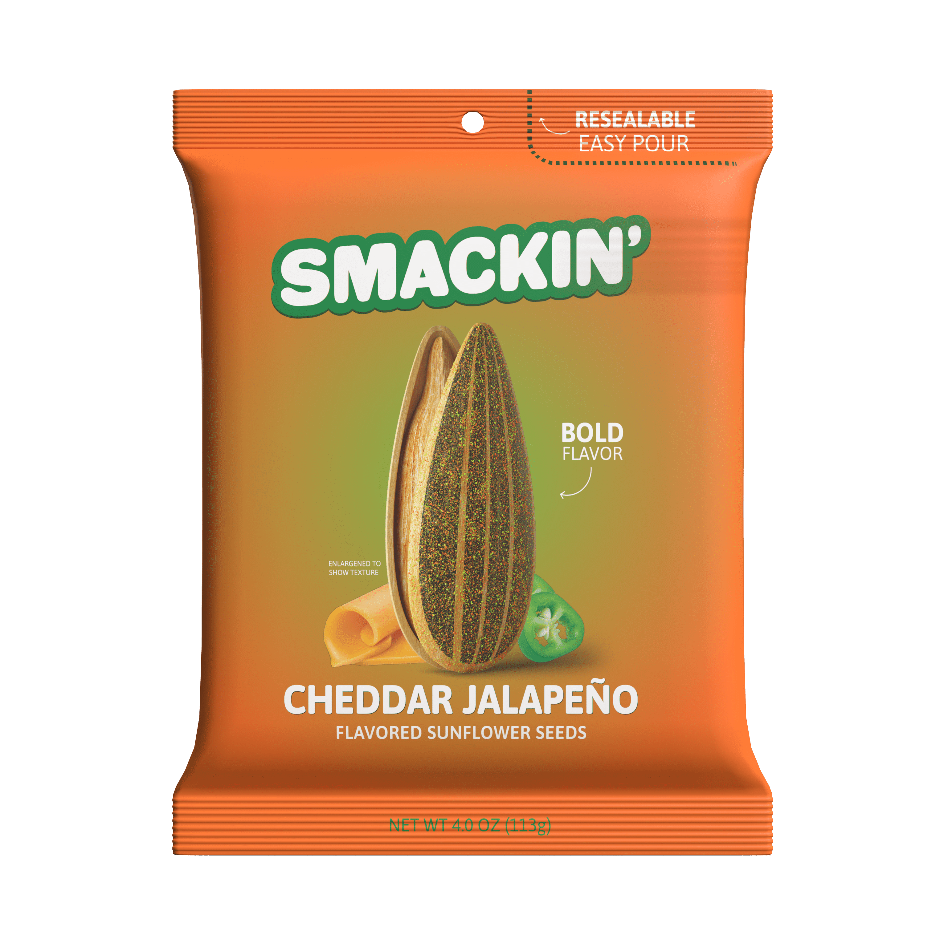 SMACKIN' - Jumbo Roasted Sunflower Seeds, No Salty Burn, American Made, Easy Pour & Seal - Cheddar Jalapeño, 4oz bag (12 Bags)