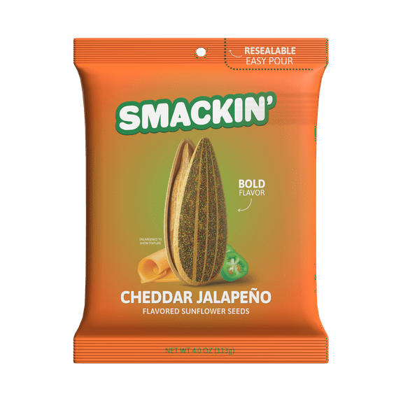 SMACKIN' - Jumbo Roasted Sunflower Seeds, No Salty Burn, American Made, Easy Pour & Seal - Cheddar Jalapeo, 4oz bag (12 Bags)