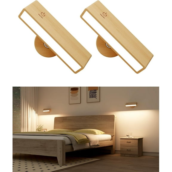 CHEDFAY Wall Sconces Battery Operated Set of 2, Rechargeable Wood Wall Lights with 360° Rotation no hardware lights