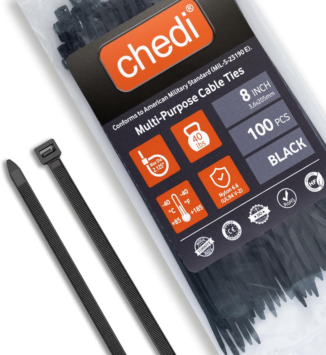 CHEDI 8-Inch White Cable Zip Ties - 100 Pack, 40 Lbs Tensile Strength, For Indoor/Outdoor Use 4 thumbnail image