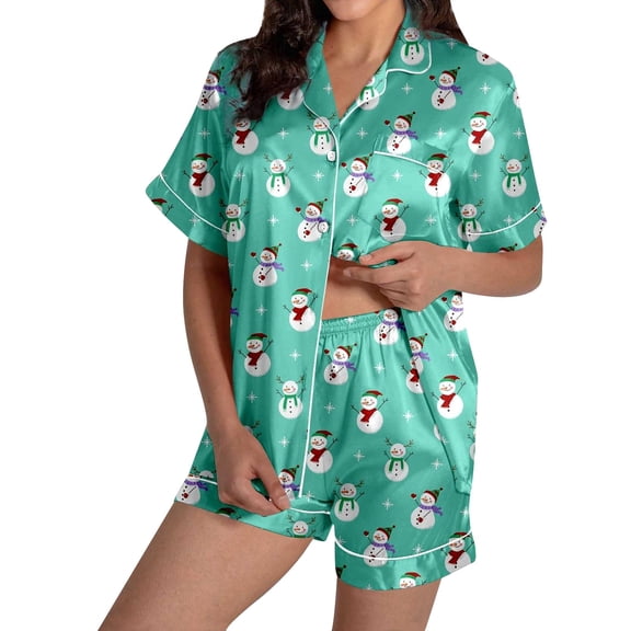 CHEEKEY Pajamas for Women Set Women's Stylish Holiday Print Pajama Short Set - Short Sleeve and Shorts for Festive Home Wear Mint Green XXL