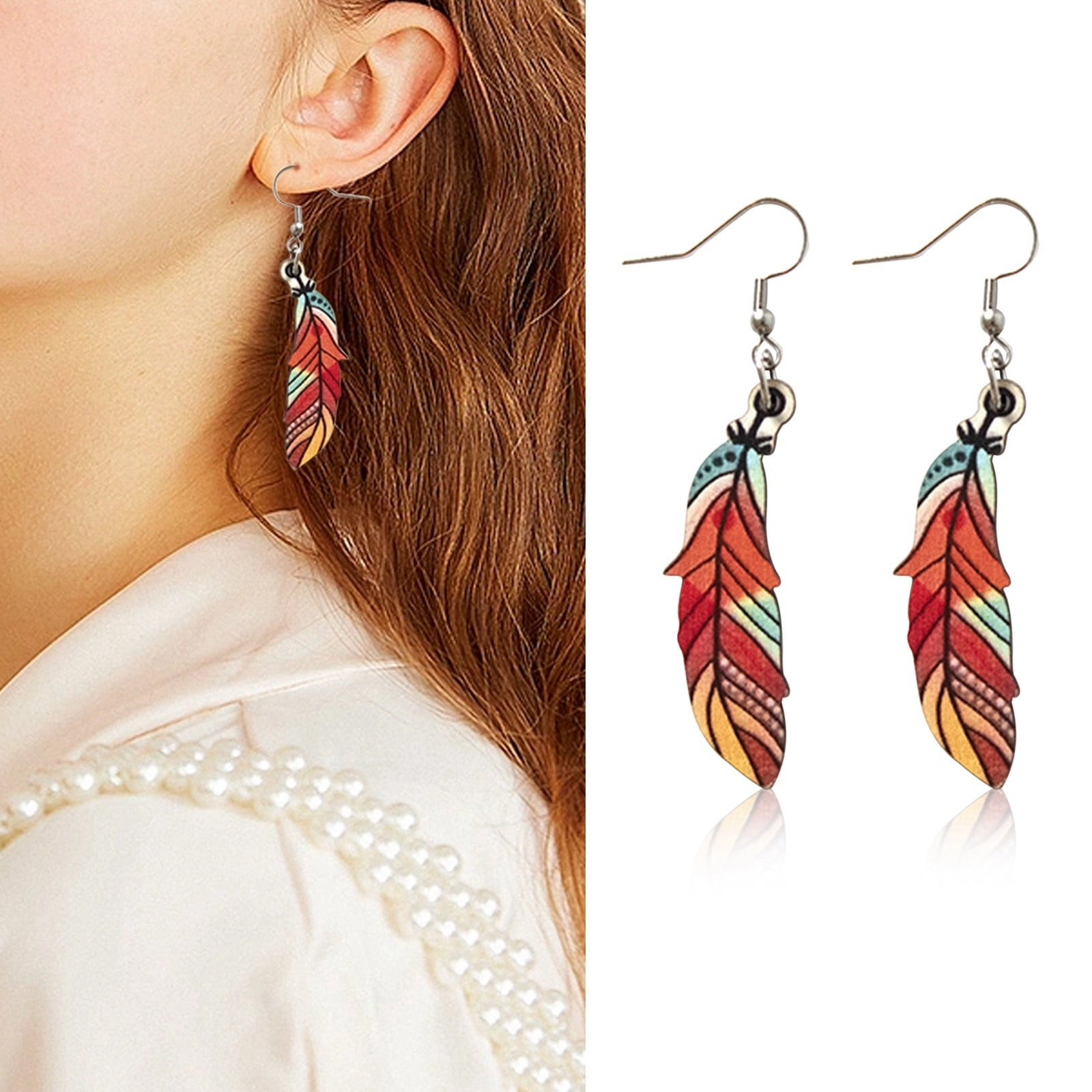 CHEEPUM Colorful Feather Printing Wooden Double Hanging Earrings Wooden