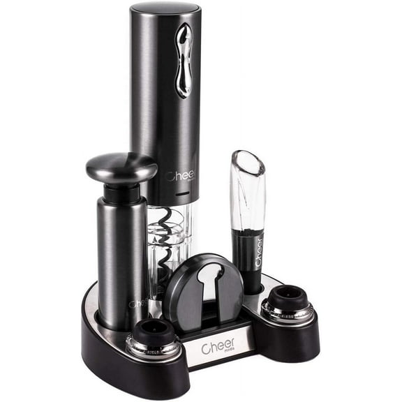 CHEER Wine Opener Gift Set,Gun Stainless Steel Electric Wine Opener, Wine Aerator, Vacuum Wine Preserver with 2 Bottle Stoppers, Foil Cutter and Charging Base - 6 In 1 Wine Accessories