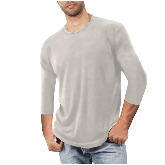 CHEEREAM 3/4 Sleeve Shirt for Men Solid Color Crewneck Tops Beach Casual Plus Size Loose Fit T Shirts