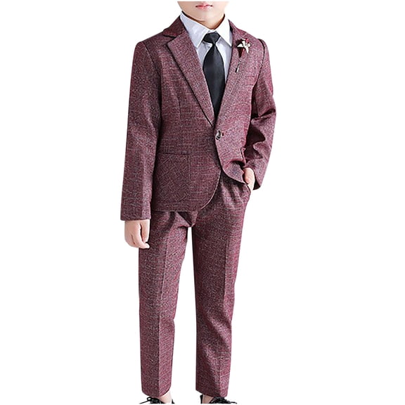 CHEEREAM 4 Pcs Kids Boys Plaid Suit Sets Fashion Long Sleeve Blazer Pants Set Formal Wear Outfit for Wedding Size 2-11 Years