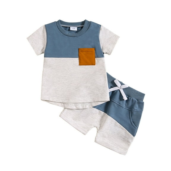 CHEEREAM Baby Boy Clothes Toddler Boy Summer Outfits Short Sleeve Patchwork Top T-shirt & Pocket Pant Set 2 Piece 3 Months-4 Years