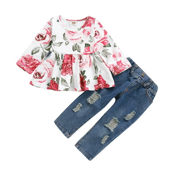 CHEEREAM Baby Girl Clothes Toddler Girl Jeans Outfits Long Sleeve Ruffle Shirt Denim Pants Girls Clothing Set Fall Winter Outfit for 1-5 Years