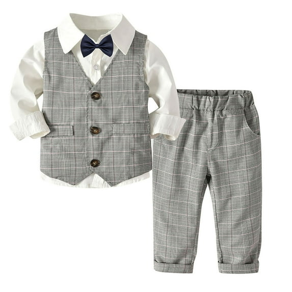 CHEEREAM Baby Toddler Boys Plaid Button Down Formal Suit Set Casual Dress Shirt Slim Fit and Vest and Pant and Bow Tie Outfits 4Pcs for 12 Months-6 Years