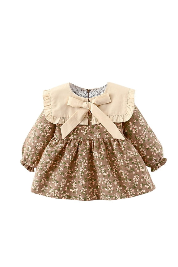 Baby Toddler Girls Long Sleeve Fashion Dress Infant Casual Vintage Floral Dresses Bowtie Cute Lace Trim Babydoll Outfits for Spring Fall